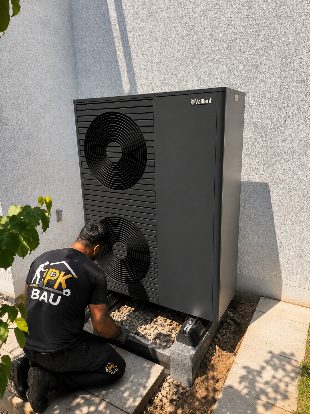 Projects PK Bau Mitarbeiter vor einer Wärmepumpe